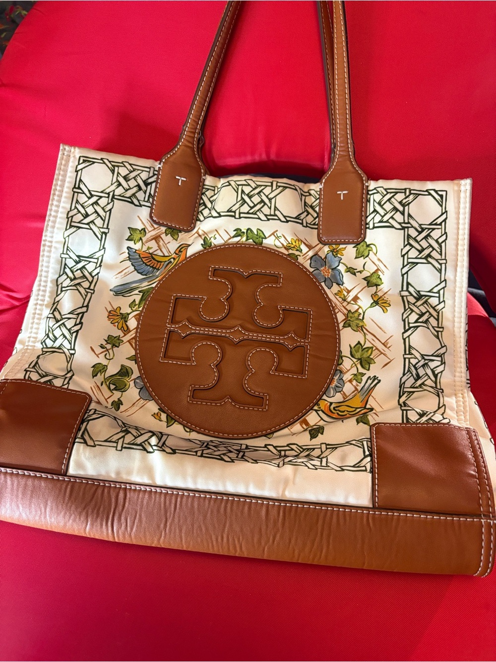 Tory Burch Ella Tote. Nylon Bird Theme. Callout